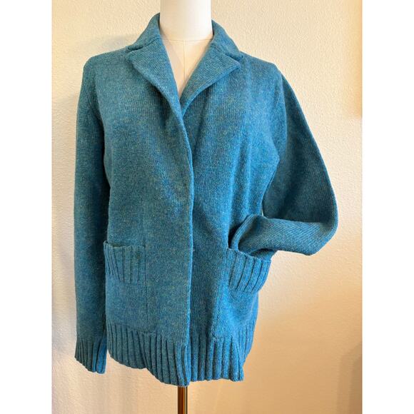 ANTHROPOLOGIE Lambswool Sweater Blazer | Blue Turquoise Autumn Cardigan | MEDIUM - Picture 3 of 9